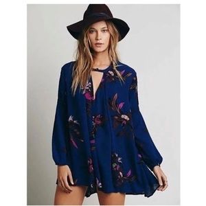 Free People Blue and Purple Floral Electric Orchid Swing Tunic Dress SZ Medium